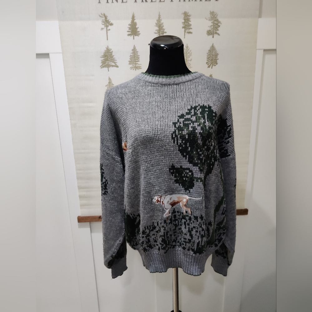 Vintage Cricketeer Graphic Knit Sweater Hunting Dog Bird Scene Gray - Large